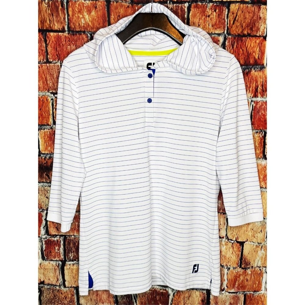 FootJoy 3/4 Sleeve Pinstripe Hoodie Women’s Medium White Blue - Picture 2 of 5